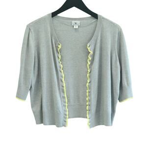 Gray & Yellow Ruffle Trim Short Sleeve Open Cardigan Sweater
